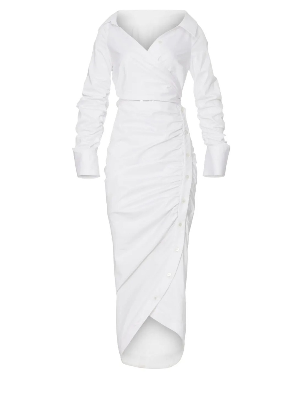 Sergio Hudson Asymmetric-Button Poplin Ruched Midi Dress